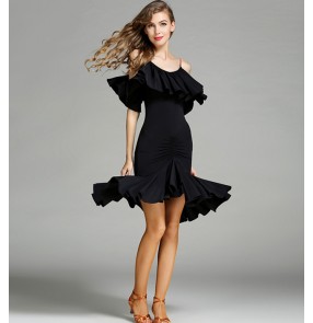 Black red dew shoulder ruffles neck sexy fashion women's ladies competition performance latin salsa rumba dance dresses