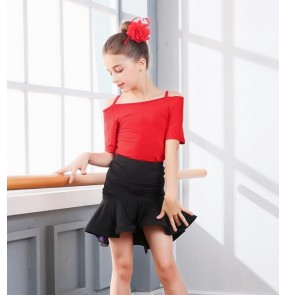 Black red floral Children Kids Gymnastics Latin Dancewear Competition Dancing Clothing Dance Costume Child Latin Dance Dress For Girls