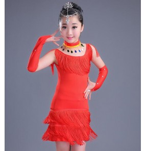 Black red fringes girls kids child competition exercises latin salsa cha cha dance dresses outfits