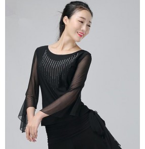 Black red fuchsia hot pink rhinestones competition women's ladies practice square dance ballroom dance tops 