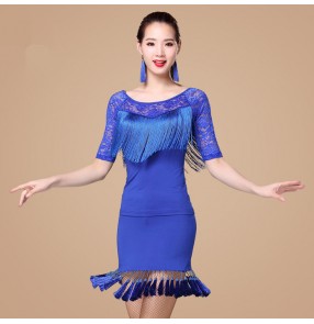 Black red fuchsia hot pink royal blue fringes sexy lace patchwork women's salsa cha cha latin dance dresses outfits