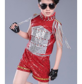 black red Kids Jazz dance Outfit Clothing Child Boy Sequin Hip Hop/Modern Dance Costume Sexy Jazz Dance Costumes Dress For boys