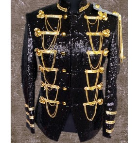 Black red Men stage bling sequins jacket nightclub singers jazz host costum jacket gold  black sequin jakcet with chains 