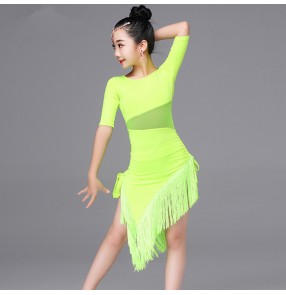 Black red neon fluorescent green fringes side split girls kids children competition exercises latin dance dresses outfits