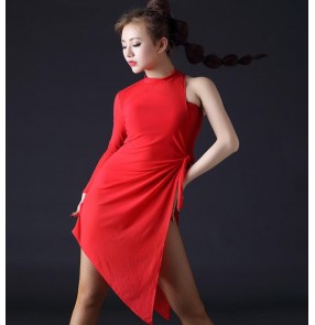 Black red one shoulder sexy fashion women's ladies professional latin salsa cha cha dance dresses outfits skirts