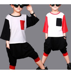 Black red patchwork with pocket boys kids children school competition hip hop jazz dance outfits harem pants 