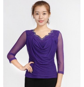 Black red purple violet rhinestone lace performance women exercises competition ballroom tango dance tops blouses