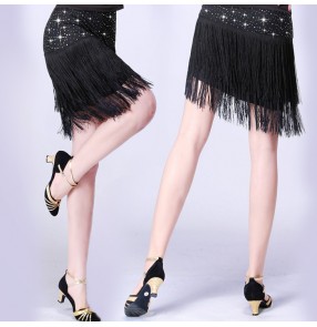 Black red rhinestones fringes women's ladies competition practice performance latin salsa cha cha dance skirts bottoms