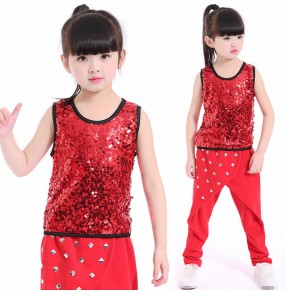 Black red rivet sequins modern dance girls boys hip hop jazz singers dancers performance cheerleaders dance outfits costumes