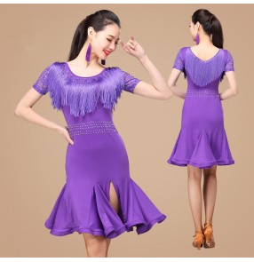 Black red royal blue fuchsia hot pink violet purple rhinestones fringes lace women's competition latin salsa dance dresses