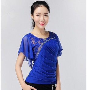 Black red royal blue lace patchwork cap sleeves rhinestones women's  competition exercises ballroom dance tops blouses