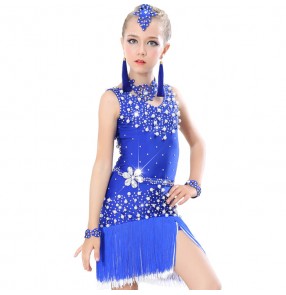 Black red royal blue orange purple backless girls kids children competition rhinestones fringes latin dance dresses