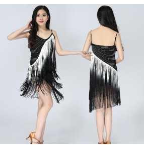 Black red royal blue purple gradient colored fringes sequins spaghetti strap tank girls women's salsa latin flapper dresses