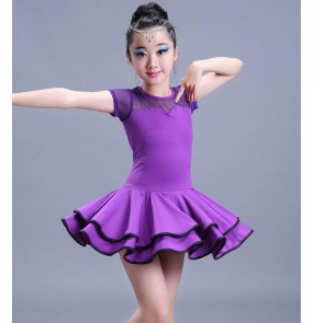 Black red royal blue purple violet girls kids children performance competition latin salsa dance dresses outfits