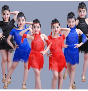 Black red royal blue short sleeves sleeveless girl's kids children performance latin salsa dance dresses outfits