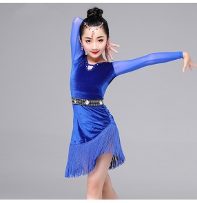 Black red royal blue velvet long sleeves fringes girls salsa latin dance dresses costumes with rhinestone sashes