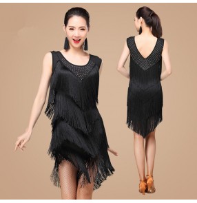 Black red royal blue violet purple hot pink layers fringes competition performance latin salsa dance dresses outfits