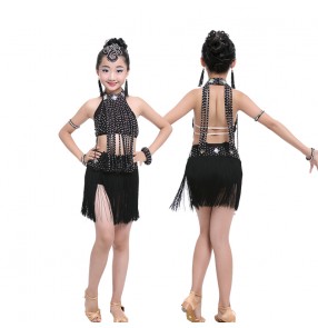 Black rhinestones competition performance girls kids child fringes latin salsa cha cha dance dresses