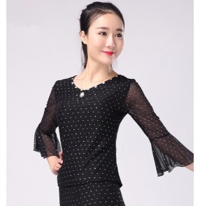 Black rhinestones flare sleeves competition performance women's ballroom dance tops blouses