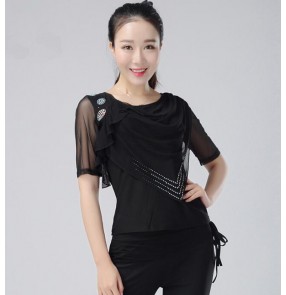 Black rhinestones short sleeves competition performance women's ballroom dance tops