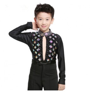 Black rhinestones spandex long sleeves boys kids competition latin ballroom dance leotard shirts tops