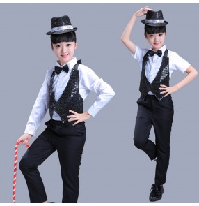 Black sequins with white shirt boys kids children girls jazz hip hop performance magician break dance outfits costumes