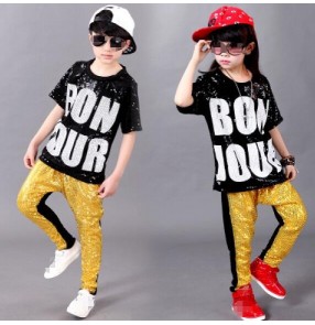 Black silver gold patchwork paillette sequined  short sleeves girls boys toddlers growth kindergarten  kids child children hip hop jazz ds dj singer dance costumes clothes tops and pants