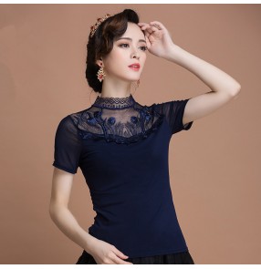 Black spandex fashion competition women's adult stage performance professional ballroom tango latin dance shirts tops