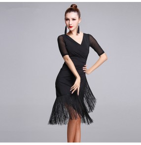 Black v neck fringes tassels short sleeves mesh patchwork women's ladies latin salsa dance dresses outfits