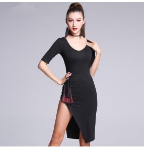 Black v neck short sleeves side split women's performance exercises latin salsa cha cha dance dresses