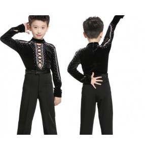 Black velvet hollow front rhinestones competition boys ballroom latin dance leotards tops shirts (only top)