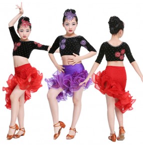 Black velvet red purple violet patchwork ruffles irregular skirt girls kids children competition latin dance dresses outfits