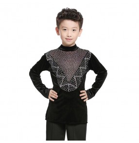 Black velvet rhinestones competition boys kids children ballroom latin dance costumes shirts tops