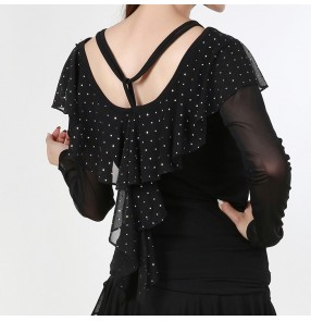 Black violet patchwork ruffles neck loose sleeves women's ladies competition professional ballroom tango waltz latin dance tops 