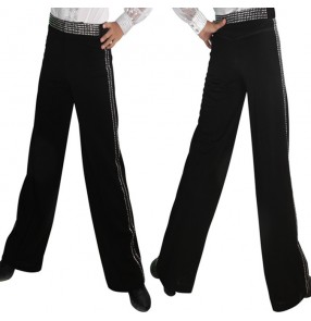 Black waist leg side with rhinestones competition performance boys kids children latin ballroom tango dance pants trousers