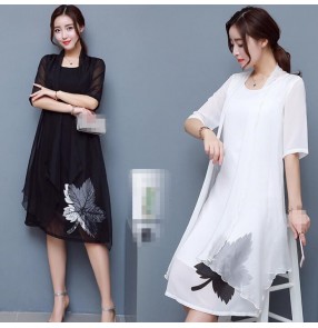 Black white chiffon material fashion vintage style loose long length front split women's ladies female dresses vestidos