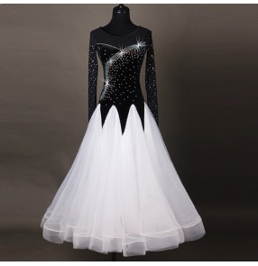 Black white rhinestones competition women's ladies performance professional waltz tango long length dresses