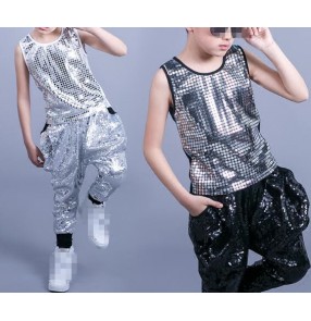 Black white silver sequins glitter fashion boys kids children school stage performance jazz hip hop dance outfits costumes