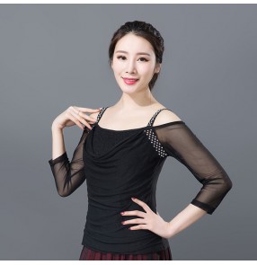 Black white slash neck dew shoulder middle long sleeves women's ladies competition performance latin ballroom dancing tops blouses shirts