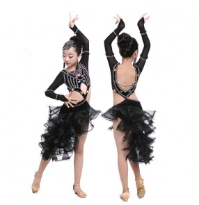 Black with colorful rhinestones glitter backless girls kids children competition latin ballroom dancing dresses outfits