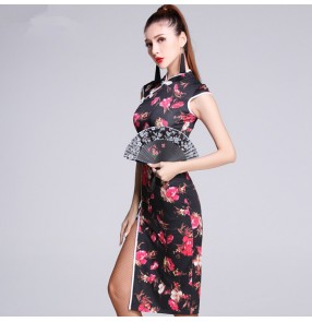 Black with floral printed short sleeves fashion sexy women's ladies competition performance latin rumba salsa dance cheongsams dresses