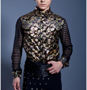 Black with gold floral pattern striped sleeves fashion men's male competition performance jazz singers hip hop dance shirt tops 