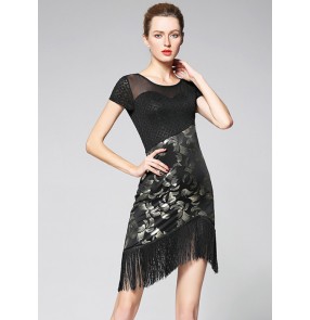 Black with gold printed floral fringes sexy women's ladies competition performance salsa cha cha rumba latin dance dresses