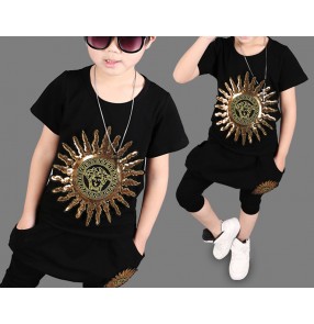 Black with gold sequins embroidery pattern boys jazz singers school competition hip hop sports casual dancing outfits