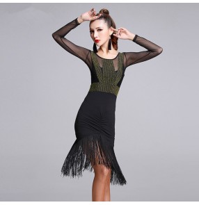 Black with gold striped patchwork fringes mesh back competition practice women's  salsa cha cha latin dance dresses