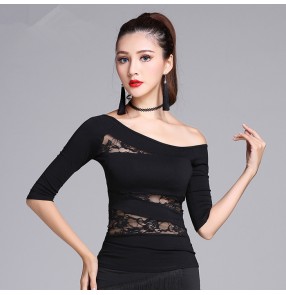 Black with mesh lace patchwork inclined square neck long sleeves women's competition stage performance ballroom tango latin dance tops blouses