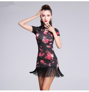 Black with red floral printed lace patchwork sexy women's ladies competition rumba salsa latin dance dresses outfits