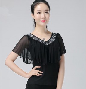 Black with rhinestones competition ruffles neck performance practice women's ballroom dance tops blouses