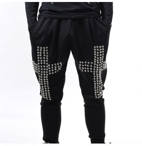 Black with rivet cross pattern men's male competition hip hop jazz singers pun rock performance harem pants