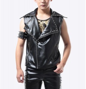 Black with rivet v neck fashion men's male competition performance night club bar jazz singers dancers punk rock dancing waistcoats 